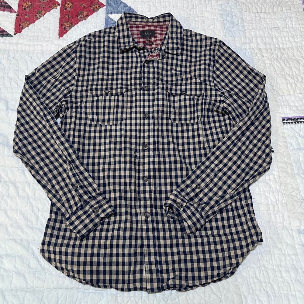 Jachs New York Button Down Shirt Navy Tan Gingham Classic Fit Mens Medium